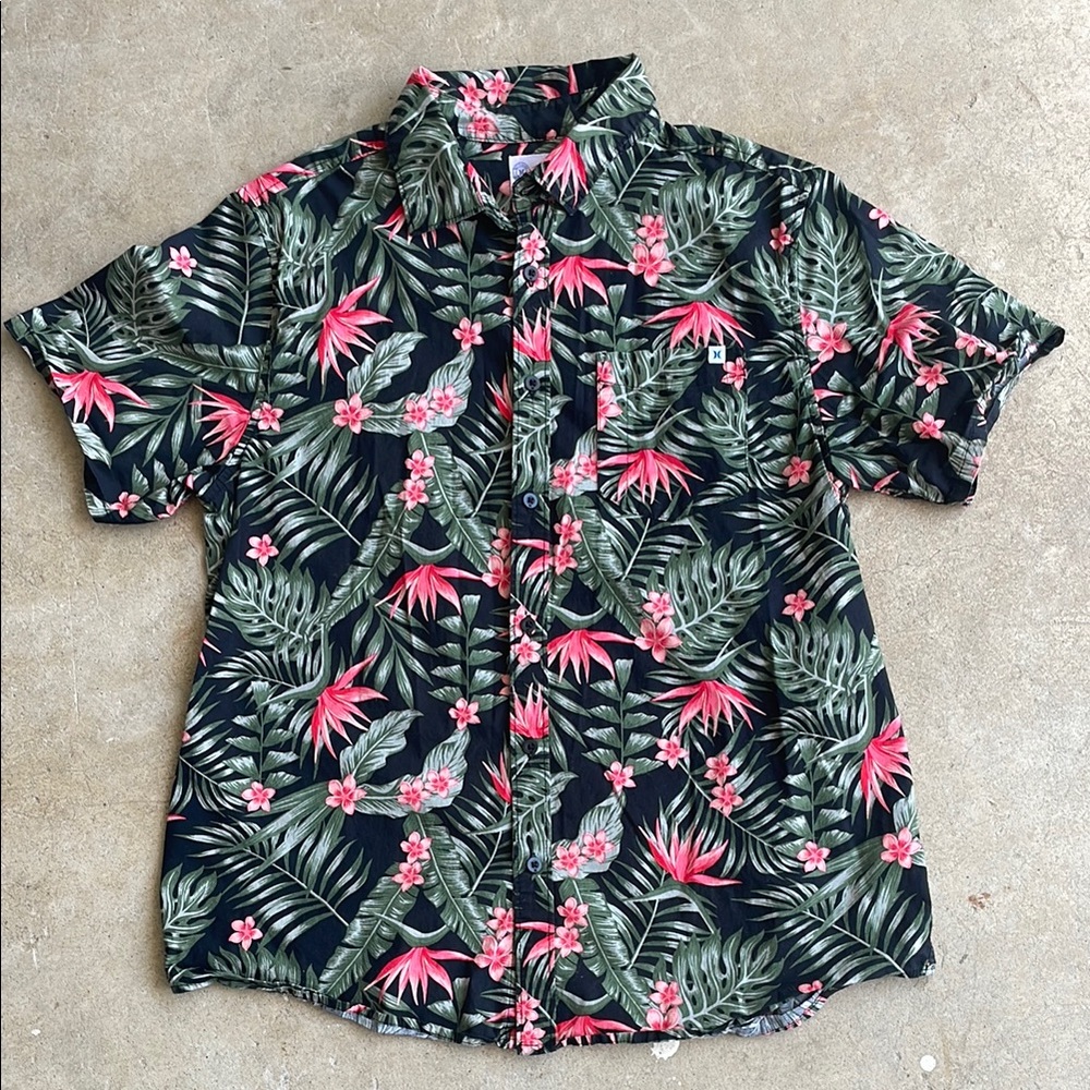 Hurley Black and Green Casual Button Down Shirt with Floral Design